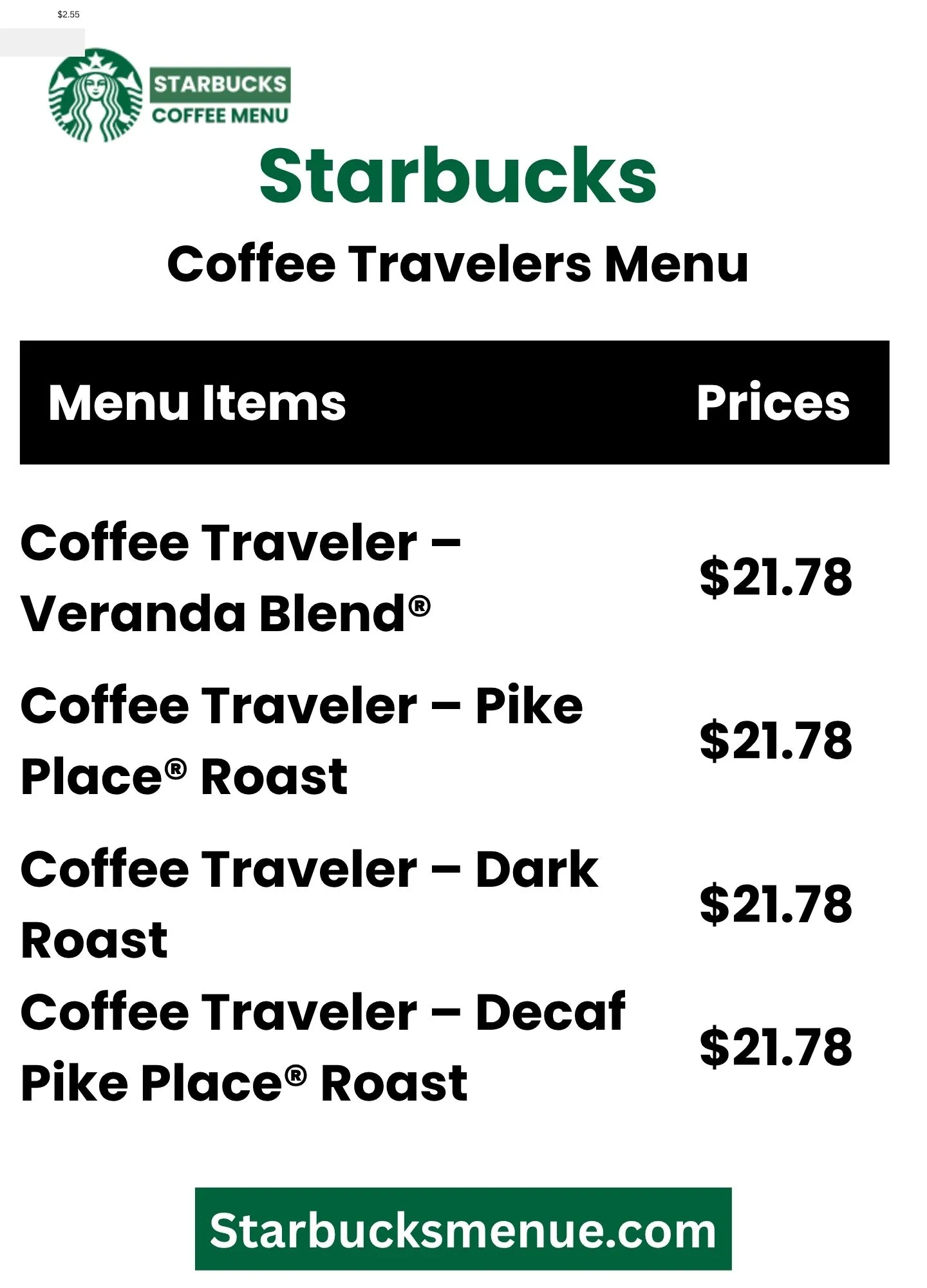 Starbucks Coffee Travelers Menu Card
