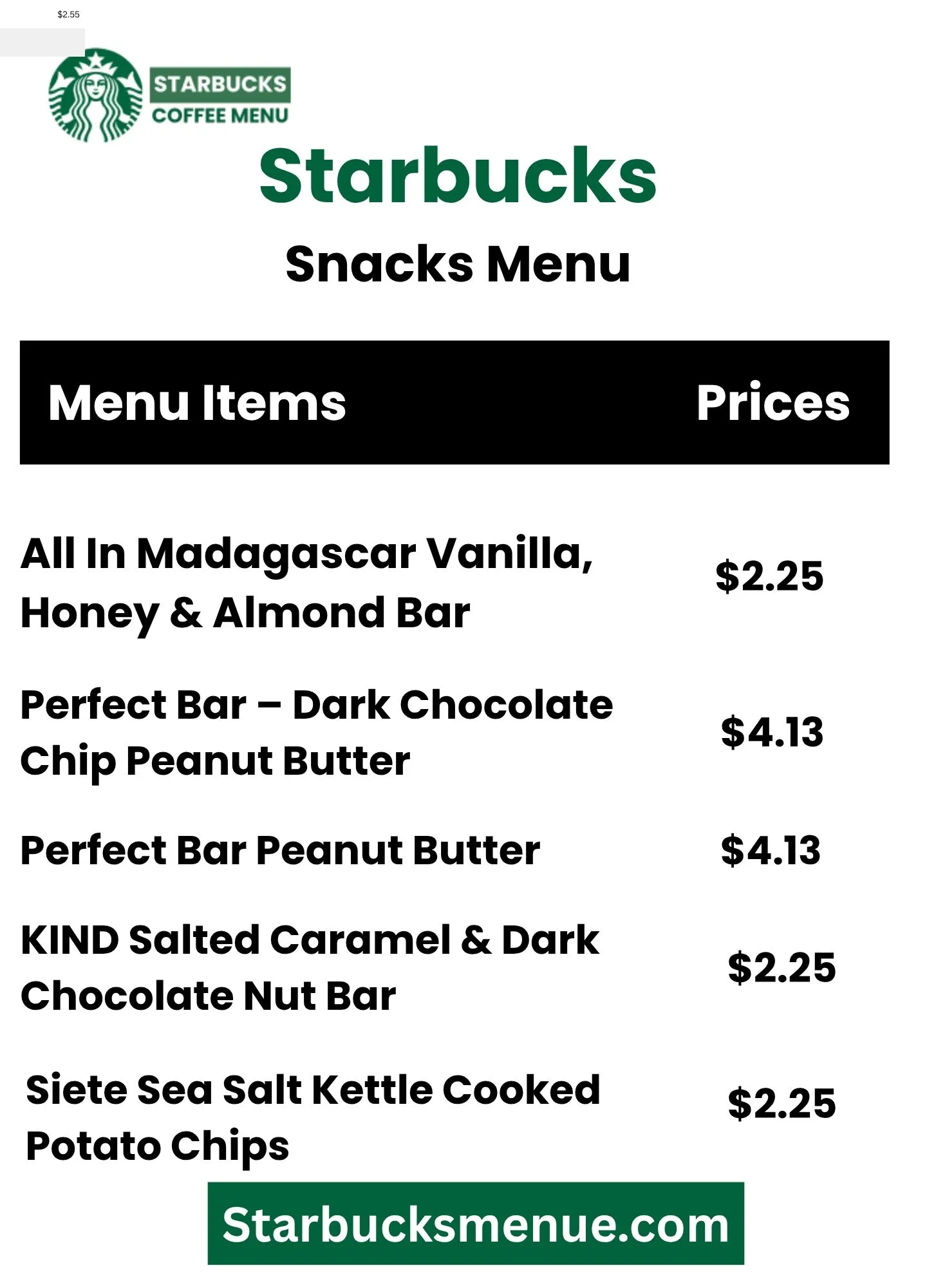 Starbucks Snacks Menu Card