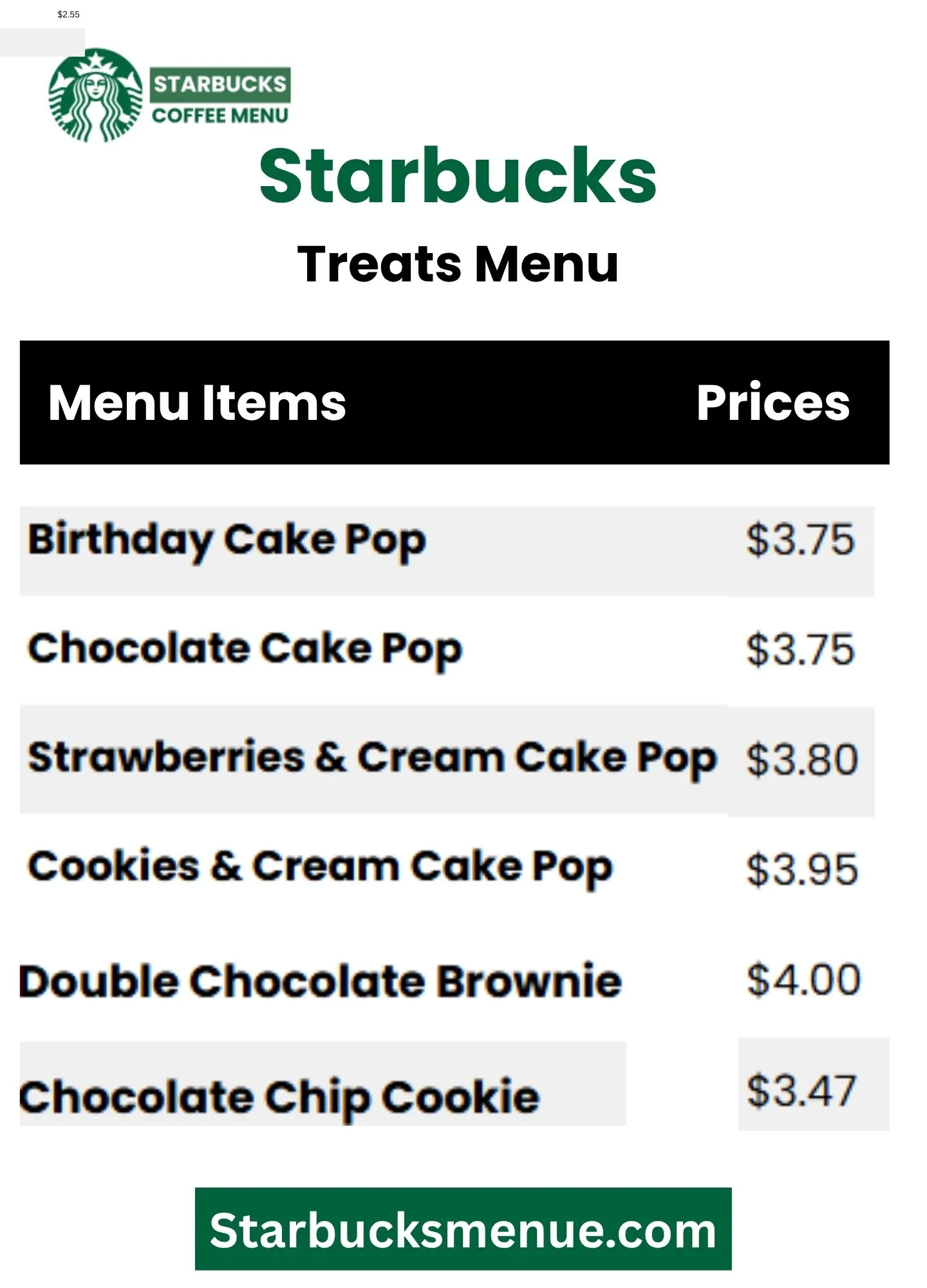 Starbucks Treats Menu Card
